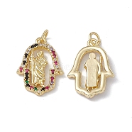 Brass Colorful Cubic Zirconia Pendants, with Jump Ring, Hamsa Hand/Hand of Miriam with Evil Eye with Jesus Charms, Real 18K Gold Plated, 23x15x3mm, Hole: 3mm(KK-E068-VA202-2)