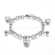 304 Stainless Steel Charm Bracelets, Heart, Stainless Steel Color, 7-1/2 inch(190mm)x6mm(BJEW-G544-12P)