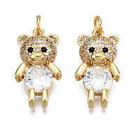 Brass Micro Pave Colorful Cubic Zirconia Pendants, with Jump Rings, Nickel Free, Bear, Light Gold, 20x11x4.5mm, Jump Ring: 5x1mm, 3mm inner diameter(ZIRC-S067-189A-NF)