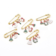 Christmas Theme Iron Safety Brooch, with Alloy Enamel Pendants, Mixed Shapes, Golden, Mixed Color, 33~37mm(JEWB-BR00057)
