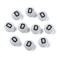 Acrylic Beads, with Enamel and Luminous, Horizontal Hole, Flat Round with Black Letter, Glow in the Dark, Light Grey, Letter.D, 7x3.5mm, Hole: 1.5mm, about 3600~3700pcs/500g(SACR-S273-29D)