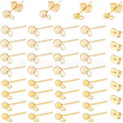 PandaHall Elite 60pcs 2 size Brass Ball Stud Earring Post, Earring Finding, with Loops and 60pcs Ear Nuts, Golden, 14~15mm, Hole: 0.9~1.7mm, Pin: 0.7~0.9mm, 30pcs/size(KK-PH0009-30)