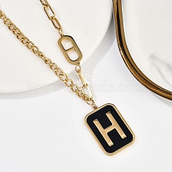 Ion Plating(IP) 304 Stainless Steel Black Enamel H Rectangle Pendant Twisted Chain Necklaces for Women, Real 18K Gold Plated, 25.00 inch(63.5cm)(NJEW-M078-01G)