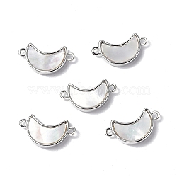 Brass Connector Charms, with Freshwater Shell, Nickel Free, Moon Links, Platinum, 18x10x3mm, Hole: 1.4mm(KK-R134-044P)