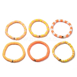 Handmade Polymer Clay Heishi Beads Stretch Bracelets Sets, with Golden Plated Stainless Steel Spacer Beads, Dark Orange, Inner Diameter: 2 inch(5.2cm), 6pcs/set(BJEW-JB05902-01)