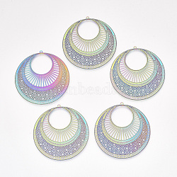 Ion Plating(IP) 304 Stainless Steel Filigree Pendants, Etched Metal Embellishments, Flat Round, Rainbow Color, 49x47x0.2mm, Hole: 1.4mm(X-STAS-S108-42)