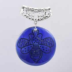 CCB Plastic Big Pendants, with Enamel, Flat Round with Bee, Antique Silver, Blue, 59mm, Hole: 6mm, Flat Round: 40x5mm(CCB-L007-K01-AS)