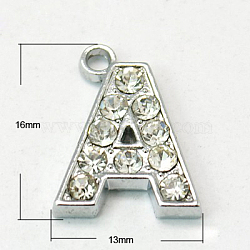 Alloy Letter Pendants, with Grade A Rhinestone, Platinum Color, Colorful, 16~18x12~17x2mm, Hole: 1mm(X-RB-C1416-A)