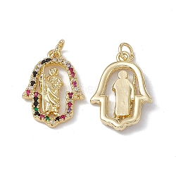 Brass Colorful Cubic Zirconia Pendants, with Jump Ring, Hamsa Hand/Hand of Miriam with Evil Eye with Jesus Charms, Real 18K Gold Plated, 23x15x3mm, Hole: 3mm(KK-E068-VA202-2)