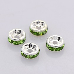 Brass Grade A Rhinestone Spacer Beads, Straight Flange, Rondelle, Silver, Peridot, 7x3.2mm, Hole: 1.8mm(RB-A014-Z7mm-07S)