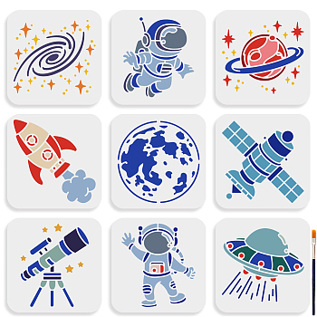 US 1 Set Space Theme PET Hollow Out Drawing Painting Stencils, for DIY Scrapbook, Photo Album, with 1Pc Art Paint Brushes, Planet, 150x150mm, 9pcs/set