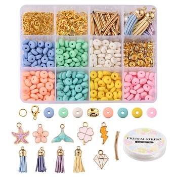 DIY Charms Jewelry Set Making Kit, Including Handmade Polymer Clay & Brass Beads, Alloy Clasps & Pendants, Iron Jump Rings, Faux Suede Tassel Pendant Decorations, Elastic Thread, Mixed Color, Charm: 10pcs/set