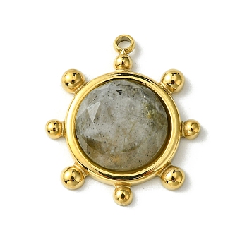 Ion Plating(IP) 304 Stainless Steel Pave Faceted Natural Labradorite Pendants, Granulated Flat Round Charms, Real 14K Gold Plated, 19.5x17x4.5~6mm, Hole: 1.5mm