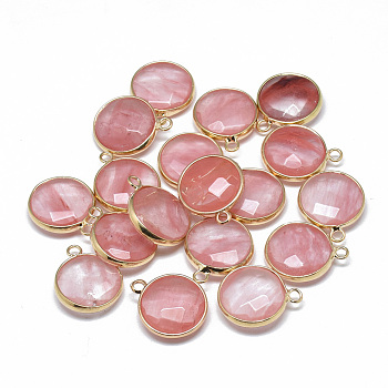 Cherry Quartz Glass Pendants, with Golden Tone Brass Findings, Faceted, Flat Round, 21x18x6mm, Hole: 2mm
