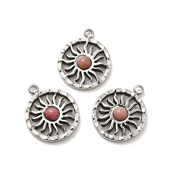 304 Stainless Steel Pave Natural Rhodonite Sun Charms, Stainless Steel Color, 14.5x12x3mm, Hole: 1.4mm