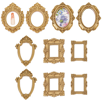 AHADEMAKER 10Pcs 5 Style Plastic Picture Frame, Mini Retro Embossed Photo Frame, for Dollhouse, Wall Decor, Photography Props, Rectangle & Oval, Goldenrod, 48~73.5x37.5~58x7~9mm, Inner Diameter: 27~45x19~32mm, 2pcs/style