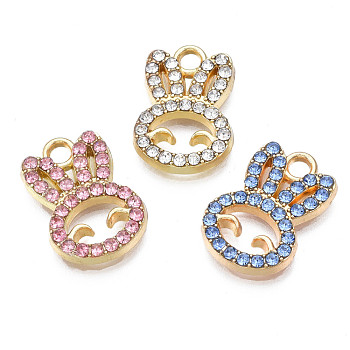 Alloy Pendants, with Rhinestone, Cadmium Free & Nickel Free & Lead Free, Rabbit, Light Gold, Mixed Color, 17x11.5x2mm, Hole: 2mm