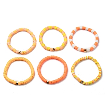 Handmade Polymer Clay Heishi Beads Stretch Bracelets Sets, with Golden Plated Stainless Steel Spacer Beads, Dark Orange, Inner Diameter: 2 inch(5.2cm), 6pcs/set