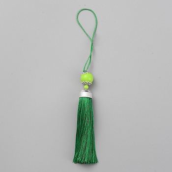 Polyester Tassel Big Pendants Decorations, with Acrylic Beaded and Platinum Alloy Findings, Green, 188mm