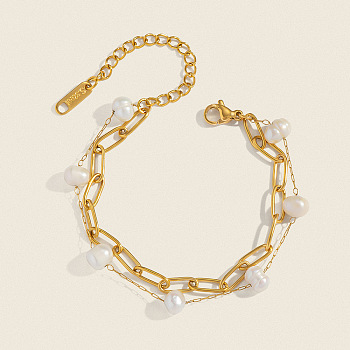 304 Stainless Steel Paperclip Chain & Natural Freshwater Pearl Potato Beads Link Bracelets, Double Layers Bracelets for Women, Real 18K Gold Plated, 5.91 inch(15cm)