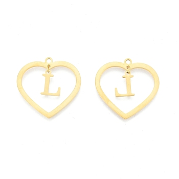 201 Stainless Steel Pendants, Hollow, Heart with Letter A~Z, Real 18K Gold Plated, Letter.L, 29x29.5x1mm, Hole: 2mm, A~Z: 12x8~10.5x1mm