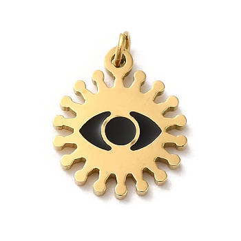 304 Stainless Steel Charms, with Enamel and Jump Ring, Real 14K Gold Plated, Sun with Eye Charm, Black, 11.8x10x1.1mm, Hole: 1.4mm