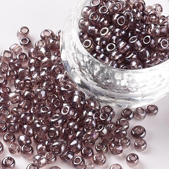 (Repacking Service Available) Glass Seed Beads, Trans. Colours Lustered, Round, Rosy Brown, 6/0, 4mm, Hole: 1.5mm, about 12G/bag