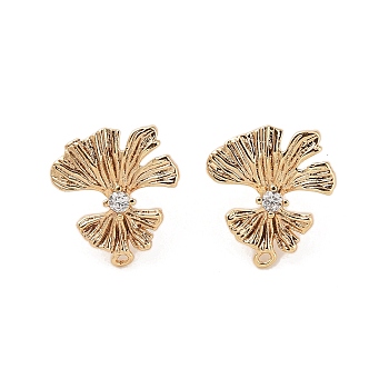 Brass with Clear Cubic Zirconia Stud Earring Findings, Leaf, Real 18K Gold Plated, 17x15.5mm, Hole: 1mm, Pin: 0.7x11mm