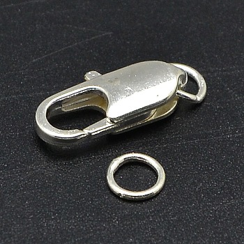 Brass Lobster Claw Clasps, with Soldered Jump Rings, Silver Color Plated, Clasps: 10.5x5mm, Soldered Jump Rings: 4x0.7~0.8mm, Inner Diameter: 1.5mm