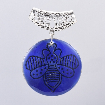 CCB Plastic Big Pendants, with Enamel, Flat Round with Bee, Antique Silver, Blue, 59mm, Hole: 6mm, Flat Round: 40x5mm