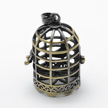 Brass Rack Plating Cage Pendants, For Chime Ball Pendant Necklaces Making, Lead Free & Cadmium Free, Birdcage, Brushed Antique Bronze, 35x25x20.5mm, Hole: 4x7mm, Inner: 17.5x20.5mm