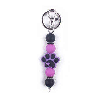 Round & Dog Paw Print Silicone Beaded Keychain, with Iron Findings, for Car Backpack Pendant Accessories, Medium Orchid, 11.5cm
