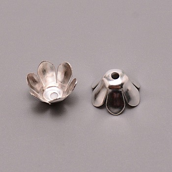 6-Petal Iron Bead Caps, Flower, Silver, 10x6.2mm, Hole: 1.6mm, inner diameter: 10mm, about 50pcs/bag