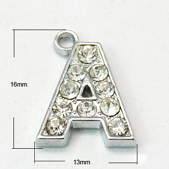 Alloy Letter Pendants, with Grade A Rhinestone, Platinum Color, Colorful, 16~18x12~17x2mm, Hole: 1mm