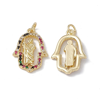 Brass Colorful Cubic Zirconia Pendants, with Jump Ring, Hamsa Hand/Hand of Miriam with Evil Eye with Jesus Charms, Real 18K Gold Plated, 23x15x3mm, Hole: 3mm