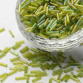 Transparent Colours Rainbow Glass Bugle Beads, AB Color, Green Yellow, 6x1.8mm, Hole: 0.6mm, 1250pcs/50g