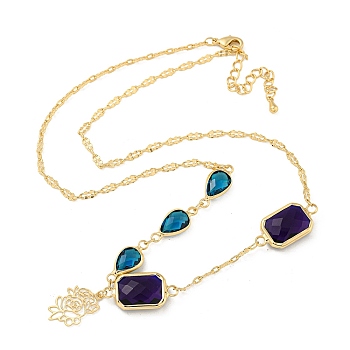 Faceted Rectangle & Teardrop Glass Pendant Necklaces, Brass Chain Neckalces, Golden, 17.01 inch(43.2cm)