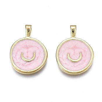 Rack Plating Alloy Enamel Pendants, Lead Free & Cadmium Free, Flat Round with Smile, Pink, 24.5x18x5.5mm, Hole: 3x4mm