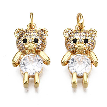 Brass Micro Pave Colorful Cubic Zirconia Pendants, with Jump Rings, Nickel Free, Bear, Light Gold, 20x11x4.5mm, Jump Ring: 5x1mm, 3mm inner diameter
