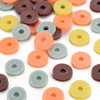 4 Colors Handmade Polymer Clay Beads, Heishi Beads, Disc/Flat Round, Aqua & Light Salmon & Champagne Yellow & Brown, 8x0.5~1.5mm, Hole: 2mm, about 11500pcs/1000g