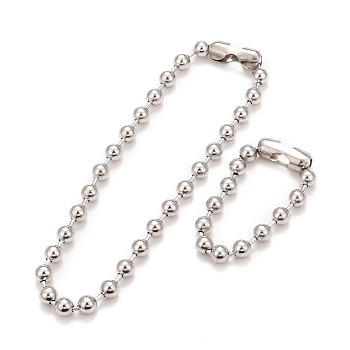 304 Stainless Steel Ball Chain Necklace & Bracelet Set, Jewelry Set with Ball Chain Connecter Clasp for Women, Stainless Steel Color, 8-5/8 inch(22~45.8cm), Beads: 10mm