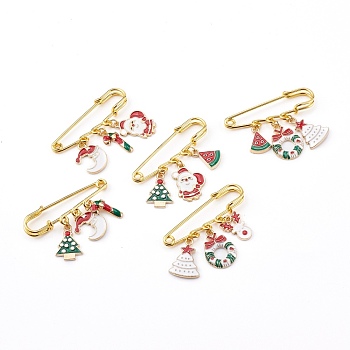 Christmas Theme Iron Safety Brooch, with Alloy Enamel Pendants, Mixed Shapes, Golden, Mixed Color, 33~37mm