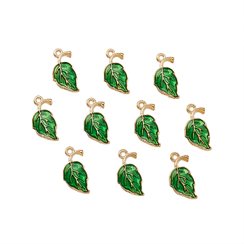 Alloy Enamel Pendants, Leaf, Golden, Green, 19.5x9.5x2.2mm, Hole: 1.5mm