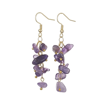 Natural Amethyst Chips Dangle Earrings, Golden 304 Stainless Steel Cluster Earrings, 58~60x12~16mm