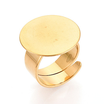 304 Stainless Steel Ring Base Findings, Flat Round Pad Ring Settings, Real 18K Gold Plated, 17mm, Tray Size: 20mm