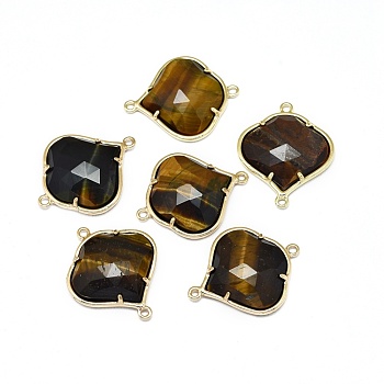 Natural Tiger Eye Links connectors, with Golden Tone Brass Findings, Faceted, 26x21.5x5.5mm, Hole: 1.5~1.6mm
