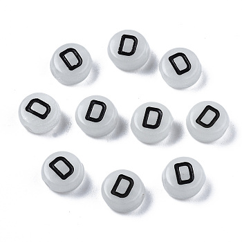 Acrylic Beads, with Enamel and Luminous, Horizontal Hole, Flat Round with Black Letter, Glow in the Dark, Light Grey, Letter.D, 7x3.5mm, Hole: 1.5mm, about 3600~3700pcs/500g