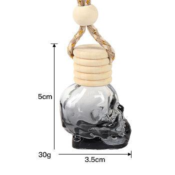 Skull Shape Glass Perfume Bottles Air Freshener Diffuser Bottle Hanging Ornament, with Wood Bead, for Car Rear View Mirror Decoration, Black, 3.5x5cm, Capacity: 8ml(0.27fl. oz)