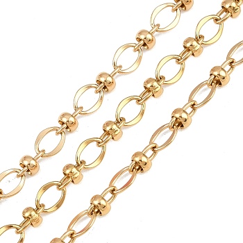 304 Stainless Steel Oval Link Chains, with Rondelle Beads, Ion Plating(IP), Unwelded, with Spool, Golden, 8x6.5x1mm