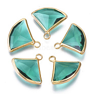 Transparent Glass Pendants, with Light Gold Plated Brass Findings, Faceted, Fan, Medium Turquoise, 16~17x19x6mm, Hole: 2mm(GLAA-N038-12E)
